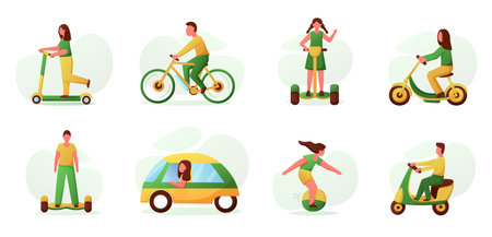 Ecological vehicles. Electric car. Motorcycle and bicycle. Battery icons. Transport power. People on scooters. Persons drive hoverboards. Eco friendly automobiles set. Vector illustrationのイラスト素材