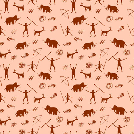 Cave art. Caveman hand pattern. Prehistoric hunter theme. African tribe primeval painting. Arrow in garish bull. Ancient people drawing. Paleolithic background. Vector seamless textureのイラスト素材