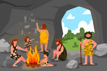 Primitive tribe cave people. Stone age. Primal painting. Ancient tribesmen. Rock drawing. Man and woman around bonfire. Food in fire. Garish illustration. Vector Prehistoric compositionのイラスト素材
