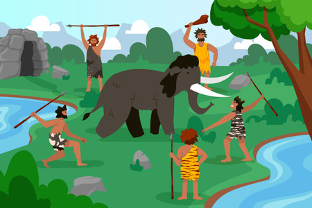 Stone Age. People hunting mammoth. Primitive man and animal. Paleolithic hunters. Cave prehistoric weapons. Woman with ancient spear. Garish primeval family. Vector cartoon backgroundのイラスト素材