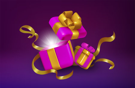 3d open realistic magic box. Holiday present with light and ribbon, surprise joy day, christmas or birthday pink giftbox with golden bow. Render party objects for decor. Vector illustrationのイラスト素材