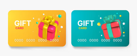 3d gift card template, reward and bonus coupon. Modern style gift voucher, customer loyalty, sale special price offer. Certificate concept. Vector cartoon realistic illustrationのイラスト素材