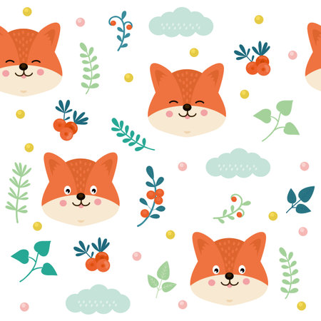 Cute fox pattern. Autumn animal print. Winter kids head. Forest mammal muzzle. Baby doodle background. Geo child design. Leaves and berries. Woodland creatures. Vector seamless textureのイラスト素材