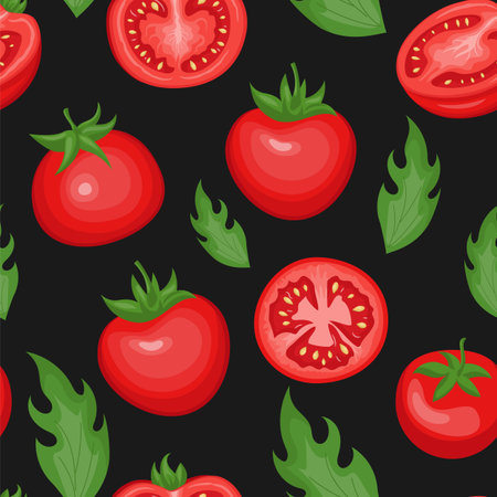 Tomato food pattern, cherry vegetable and leaves isolated on black. Floral garden decor textile, wrapping paper, wallpaper design, organic meal ketchup sauce print. Vector seamless backgroundのイラスト素材