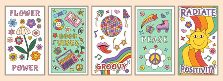 Retro groovy posters. Cute chamomile and daisy flowers and mushrooms, psychedelic hippy banners. 70s love power collection, summer sun and heart cards. Vector cartoon good vibes printsのイラスト素材