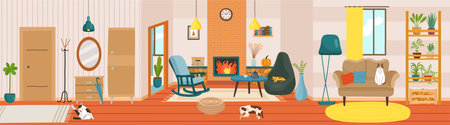 Home interior. Cozy living room decor. Chair and table. Mirror in hallway. Lamp and book on shelves. Comfy house furniture. Comfortable apartment nowaday background. Vector illustrationのイラスト素材