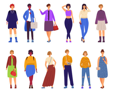 Strong women. Happy female and feminist characters. Girls group. Friendship or sisterhood. Nowaday friends. Standing young persons in fashion casual outfits. Vector cartoon flat setのイラスト素材