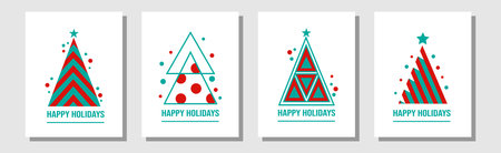Abstract Christmas cards. Fir tree pattern. Happy holiday postcards set. Xmas greeting posters. Pine plants. Geometric triangle shapes. Winter celebration. Vector design tidy backgroundのイラスト素材