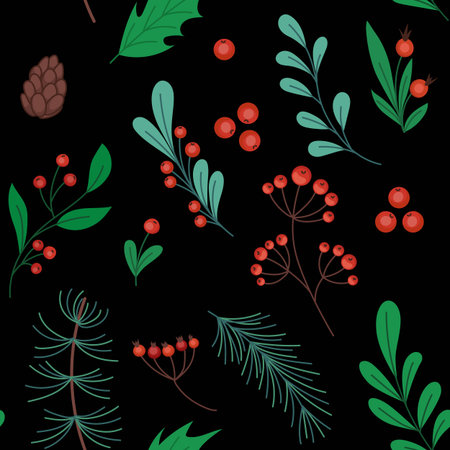 Christmas pattern. Holiday winter plants. Red flower. Branch and berry. Floral leaves. Cute mistletoe. Coniferous twigs and cones. Botanical elements. Vector seamless tidy backgroundのイラスト素材