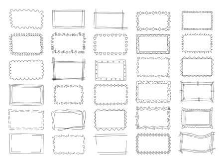 Doodle hand drawn frames, scribble borders. Line square box with copy space for text, cute sketch ornament, pencil or pen tidy decorative shapes. Posters decor. Vector cartoon illustrationのイラスト素材