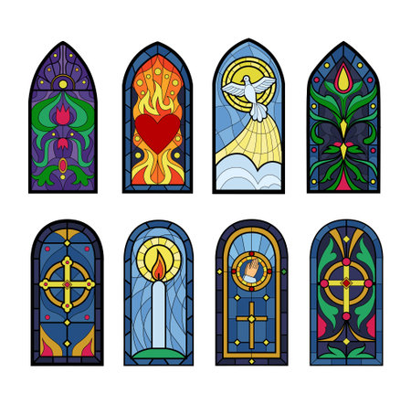 Fantasy stained-glass windows. Book print. Renaissance architecture cathedrals. Art gothic paper. Ancient shapes. Medieval church mosaic glasses set. Vector abstract tidy silhouettesのイラスト素材