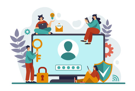 Internet cyber security, safety landing. Digital computer information, online password. Huge computer and tiny people, digital lock, privacy information. Vector illustrationのイラスト素材