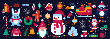 Christmas icons. Kids gift pattern. Stickers or symbols in Xmas ornament. Vintage invitation card decor elements set. Winter holidays garlands and fir tree toys. Vector illustration bannerのイラスト素材