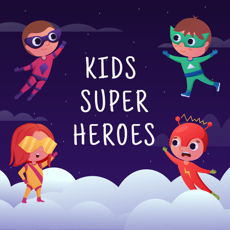 Child hero. Brave superhero kids. Courage baby power. Happy school people fly in night sky. Party invitation card. Heroic fashion costumes with capes. Vector cartoon recent poster designのイラスト素材