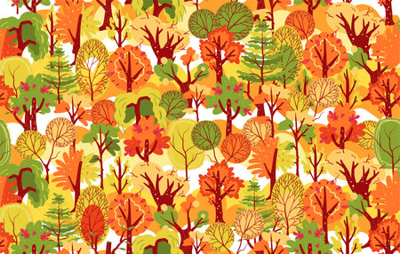 Autumn pattern, fall nature background. Vintage trees stamp, floral summer season, foliage exact cover. Orange woodland print. Decor textile, wrapping paper. Vector seamless designのイラスト素材