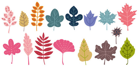 Fall leaves, collage leaf shapes. Simple scandi plants collection, cute modern child drawing, greenery border, thanksgiving day decoration, autumn forest element. Vector abstract illustrationのイラスト素材