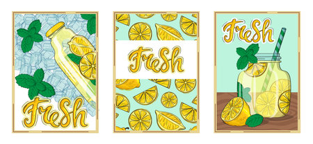 Lemon poster, lemonade juice with bubbles in bottle. Vintage typography card, fresh fruit food label, organic mint leaf and ice. Hand drawn summer citrus, vector botanical design conceptのイラスト素材