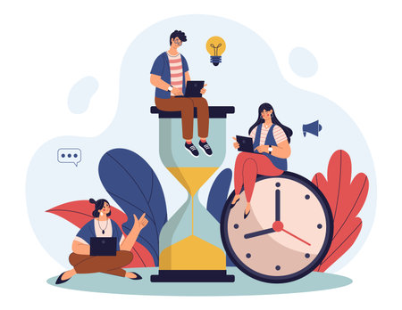 Time clock, work on hourglass with laptop. Deadline or countdown, team of people employee. Huge sandglass and office workers, male and female employee characters. Vector cartoon illustrationのイラスト素材