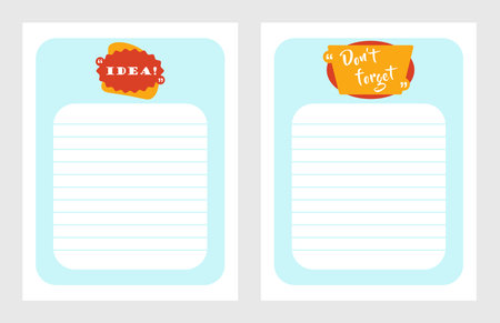 Note papers. Agenda and reminder page. Lined notepaper template. Notebook ideas don t forget list. Notepad or organizer design. Tasks memory. Goals planning. Vector blank planner sheets setのイラスト素材