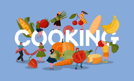 People cooking food, restaurant meal. Dinner cuisine, tiny characters and huge letters,men and women hold big fruit and vegetables. Tasty lunch. Vegan nutrition. Vector cartoon flat conceptのイラスト素材