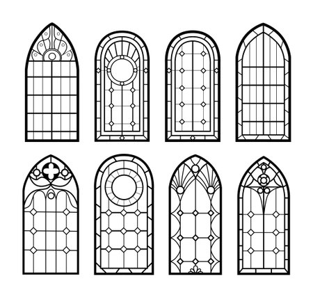 Stained glass arch window frames. Architecture interior in vintage style, graphic silhouettes with details. Black isolated elements. Gothic church traditional decoration. Vector pattern tidy imagesのイラスト素材