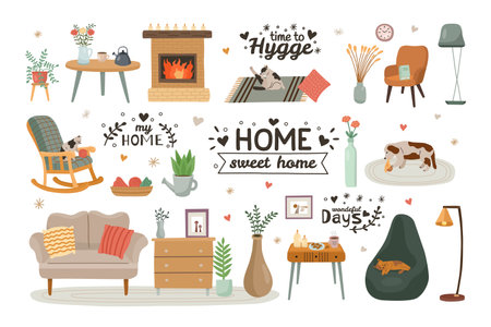 Hygge furniture. Cozy apartments. Sweet home elements set. Pets on carpet. Plants and flowers. Comfy couch. Bookshelf and fireplace. Armchair with pillows. Vector cartoon backgroundのイラスト素材