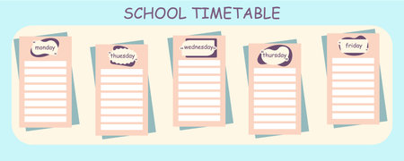 School timetable. Note papers. Kids diary sheets. Education organizer. Blank notepad pages. Lessons planner design. Class time reminders. Lined notepaper. Vector week schedule templateのイラスト素材