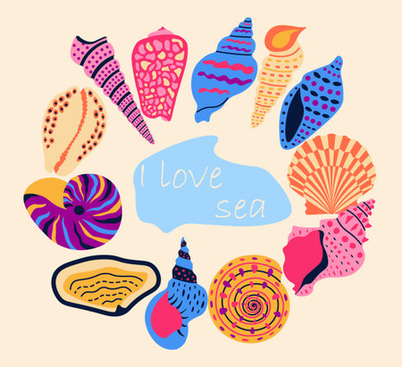 Cartoon shells. Summer ocean animals collection, marine habitats, aquarium decoration. Poster with text. Treasure sea, abstract colorful seashells. Beach doodle elements. Vector isolated setのイラスト素材