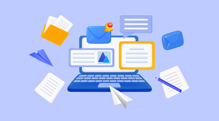3D marketing mail. Realistic desktop. Business newsletter. Email message. Digital document app. Laptop and paper airplanes. Letter envelopes. Notice bell. Vector neoteric illustrationのイラスト素材