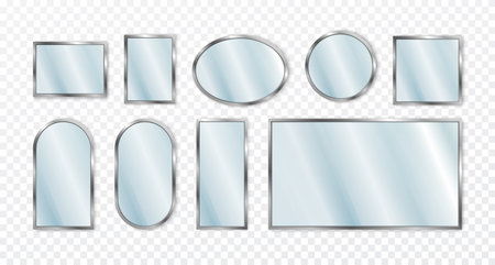 Glass mirrors set, reflect frames different form, round and square or oval. Silver surface, realistic interior decor objects. Bathroom or bedroom furniture vector isolated neoteric elementsのイラスト素材