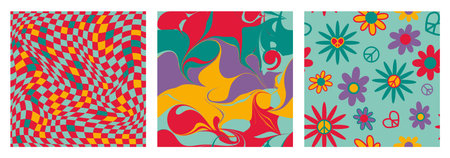 Retro floral, abstract and groovy patterns. Daisy graphic seamless print. Geometric chess and trippy posters. Colorful paint brushstrokes. Distorted grid. Vector 70s backgrounds setのイラスト素材
