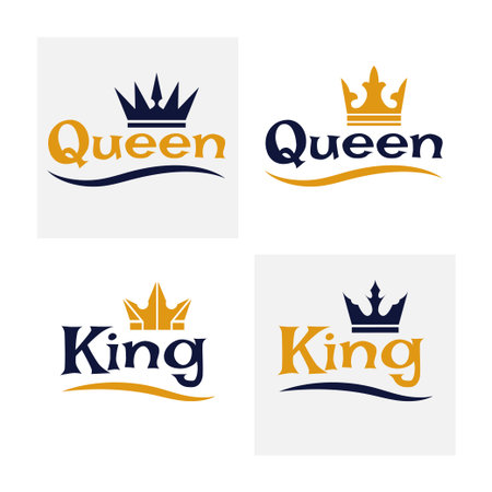 King and queen crown, couple logo. Royal princess and prince wedding text, gold typography letter, little sticker, cameo design. Luxury imperial logotype. Vector design garish icons with textのイラスト素材