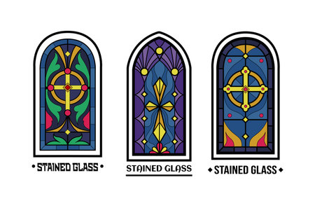 Stained glass window. Church logo with lettering fonts. Architecture color emblem. Catholic modern art. Flower design. Chapel mosaic elements. Christian temple. Vector abstract icons setのイラスト素材