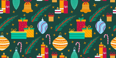 Christmas pattern, Colorful wrapped gifts, tree branches, cozy candles. vintage winter. New year wrapping paper ornament, retro design, merry xmas. Vector seamless recent illustrationのイラスト素材
