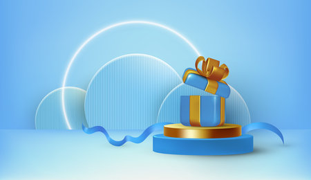 3d podium, open gift box. Minimal display for surprise christmas product, platform or stage for presentation product, cosmetic promotion. Sale discount poster. Present vector realistic renderのイラスト素材