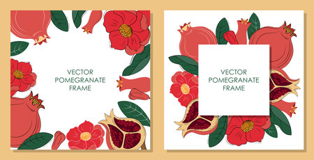 Pomegranate frame, abstract sketch border. Green leaf and flowers summer food, hand drawn tropical fruits, healthy card. Poster template. Rosh hashanah vector isolated current illustrationのイラスト素材