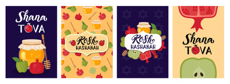 Jewish Rosh Hashana greeting cards. Religious holiday. New Year postcards set. Pomegranate or apple. Honey jar. Traditional celebration. Hashanah posters. Vector illustration backgroundのイラスト素材