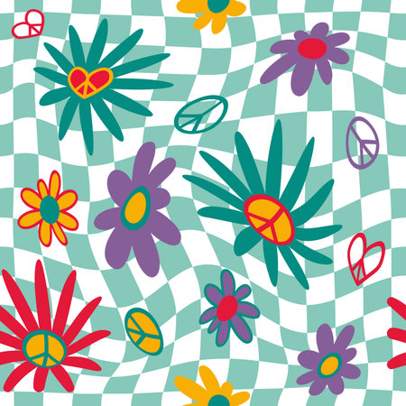 Retro flower pattern. Groovy checkered background. Geometric grid. 70s sunflower graphic. Daisy and hippie peace symbols. Distorted surreal print. Vector seamless current illustrationのイラスト素材