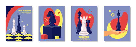 Abstract chess club match posters. Business tournament with bishop. King and queen. Play intelligence game. Chessboard championship. Geometric shapes. Vector illustration tidy banners setのイラスト素材