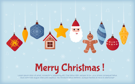 Xmas background, vintage noel celebration. Nutcracker, horse and bauble on strings, winter accessory, christmas banner. Santa Claus presents. card or poster. Vector utter illustrationのイラスト素材