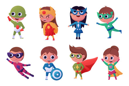 Kid superhero, girl child fly. Little brave super hero in carnival costume, strong boy. Heroic comic party. Justice fighters. Characters in active poses. Vector design recent illustrationのイラスト素材