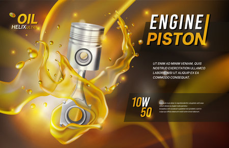 Engine piston. Car motor oil splash. 3D liquid petrol change. Auto mechanic service. Vehicle fuel advertising banner. Automotive synthetic fluid lubricant. Vector design backgroundのイラスト素材