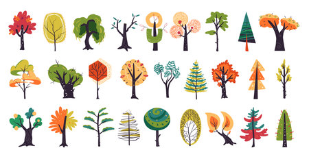 Simple spruce trees, hand drawn forest icons. Summer shrub, spring pine, vegetation bush, larch foliage, exact fir wood, oak acorn. Botanical colorful objects in doodle style. Vector icon setのイラスト素材
