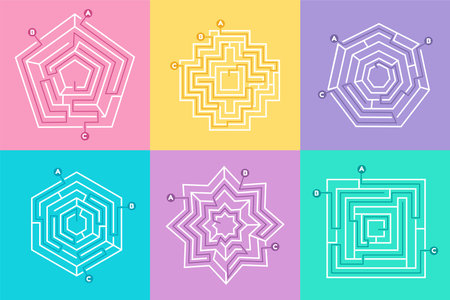 Maze way game set, riddle puzzle collection. Square, circle path and polygonal shapes, mental labyrinth, exit from map, conundrum design, wrong entrance. Vector abstract tidy conceptのイラスト素材