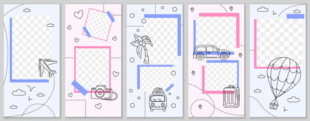 Travel story template. Doodle summer tourism. Sketch brand post layout. Vacation plane flight and car journey banner. Beach rest. Photo transparent frames. Vector blog backgrounds setのイラスト素材