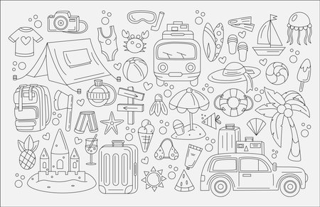 Summer line icons. Beach vacation. Hand drawn sea rest. Travel party. Tropical sun or water. Camping tent. Hiking tourism. Tourists trailer with baggage. Vector doodle recent objects setのイラスト素材