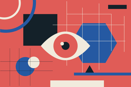 Geometric background. Bauhaus minimal shapes. Abstract pattern. Colorful silhouette eye and geometry figures. Line grids. Future hipster ideas. Modern brochure. Vector graphic designのイラスト素材