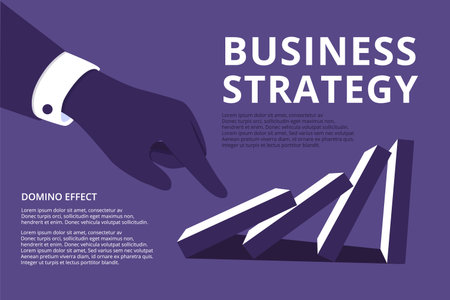Domino effect. Business changes poster. Disrupt blocks chain. People disaster strategy. Arrow man hand. Marketing work. Businessman with falling bones. Vector graphic recent illustrationのイラスト素材