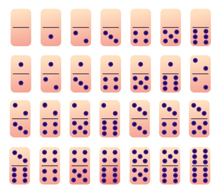 Domino pieces. Play game board. Simple black and white casino bones with circle dot signs. Gaming toys. Fun stone strategy. Rectangle gambling objects. Vector recent flat icons setのイラスト素材