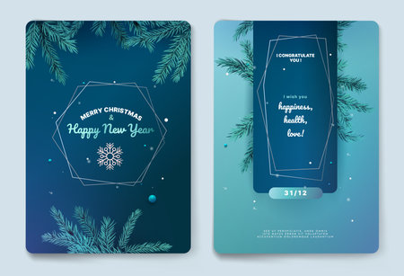 Pine branch, christmas greeting card. Season holidays with fir tree, spruce celebration frame, winter ornament. 3d realistic decor elements. Vertical banner. Vector abstract exact designのイラスト素材